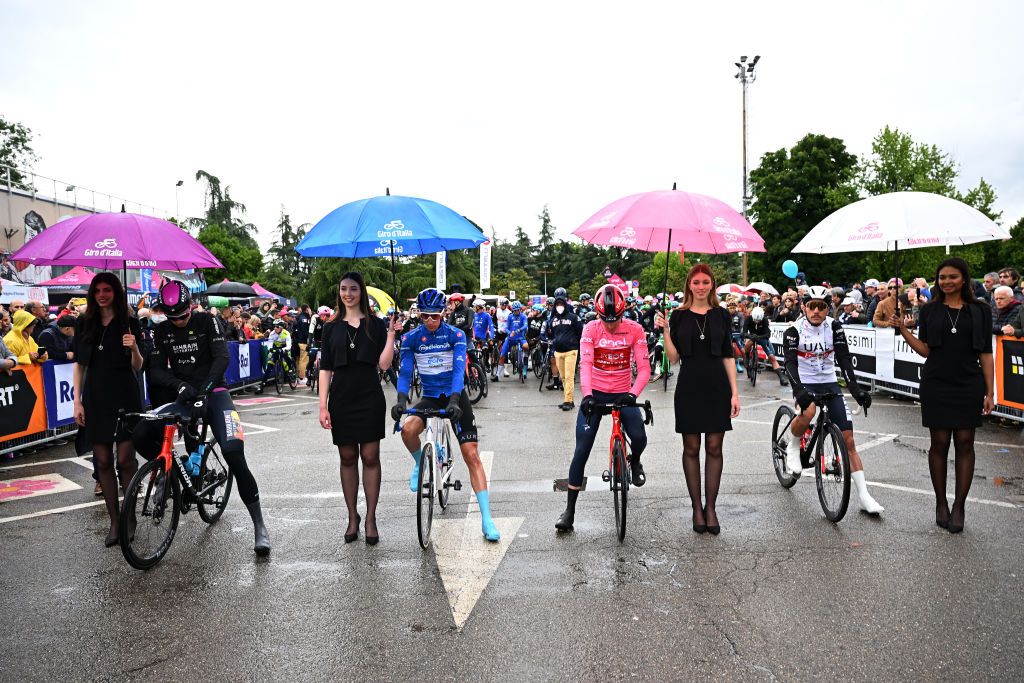 SCANDIANO ITALY MAY 16 LR Jonathan Milan of Italy and Team Bahrain Victorious Purple Points Jersey Davide Bais of Italy and Team EOLOKometa Blue Mountain Jersey Geraint Thomas of The United Kingdom and Team INEOS Grenadiers Pink Leader Jersey and Joo Almeida of Portugal and UAE Team Emirates White Best Young Rider Jersey prior to the 106th Giro dItalia 2023 Stage 10 a 196km stage from Scandiano to Viareggio UCIWT on May 16 2023 in Scandiano Italy Photo by Stuart FranklinGetty Images