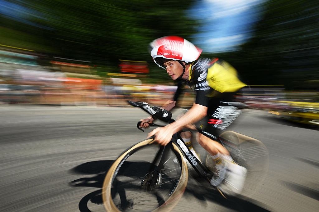 PEYRAGUDES, FRANCE - JULY 18: Jonas Vingegaard of Denmark and Team Visma | Lease a Bike competes during the 112th Tour de France 2025, Stage 13 a 10.9km individual time trial stage from Loudenvielle to Peyragudes 1561m / #UCIWT / on July 18, 2025 in Peyragudes, France. (Photo by Dario Belingheri/Getty Images)