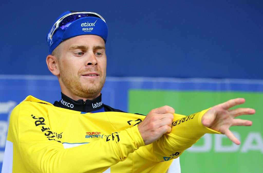 Julien Vermote (Etixx-QuickStep) pulls on the yellow jersey