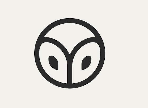 A minimalist, circular line art icon features a stylized black outline reminiscent of an owl's face or a seedling with two symmetrical inner shapes against a light gray background.