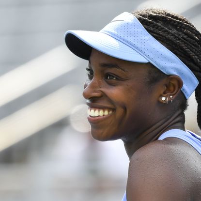 montreal, qc august 11 sloane stephens of the united states looks on with a smile during her womens singles second round match against aryna sabalenka of belarus on day three of the national bank open presented by rogers at iga stadium on august 11, 2021 in montreal, canada photo by minas panagiotakisgetty images