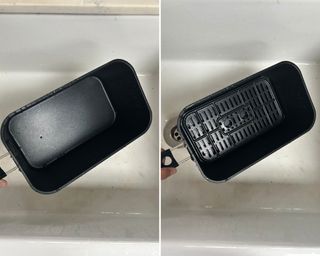 Two pictures of air fryer baskets that have been cleaned