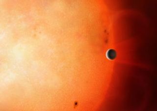 An artistic visualization of a "hot Jupiter" orbiting close to a star. 