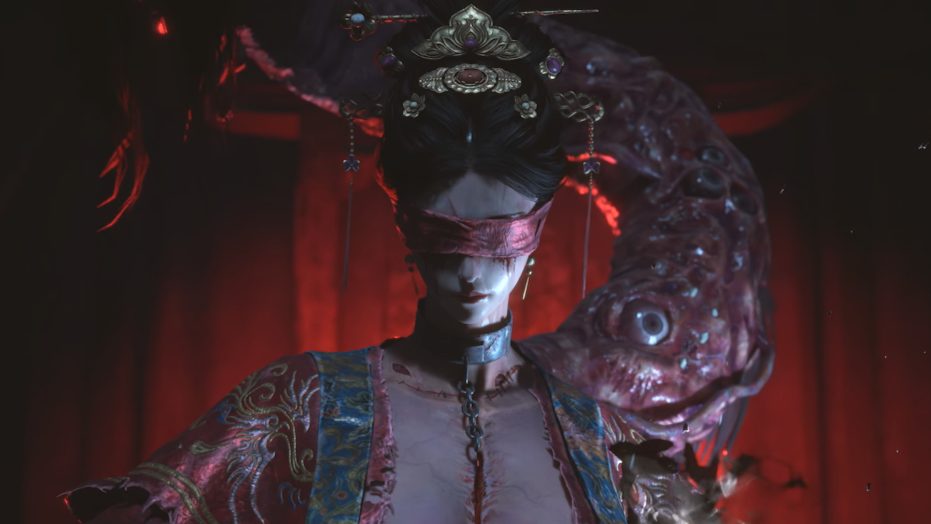A screenshot of a boss during the trailer for the upcoming PS5 game, Wuchang: Fallen Feathers.