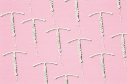 multiple IUDs in rows on a pink background