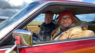 Tim and Fuzz sat behind the wheel of a Datsun in Car S.O.S season 12