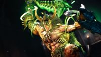 A muscular fantasy character wields a glowing green, spiked weapon. Wearing horned armor, the character exudes power and menace in a dark, mystical setting.