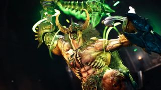 A muscular fantasy character wields a glowing green, spiked weapon. Wearing horned armor, the character exudes power and menace in a dark, mystical setting.