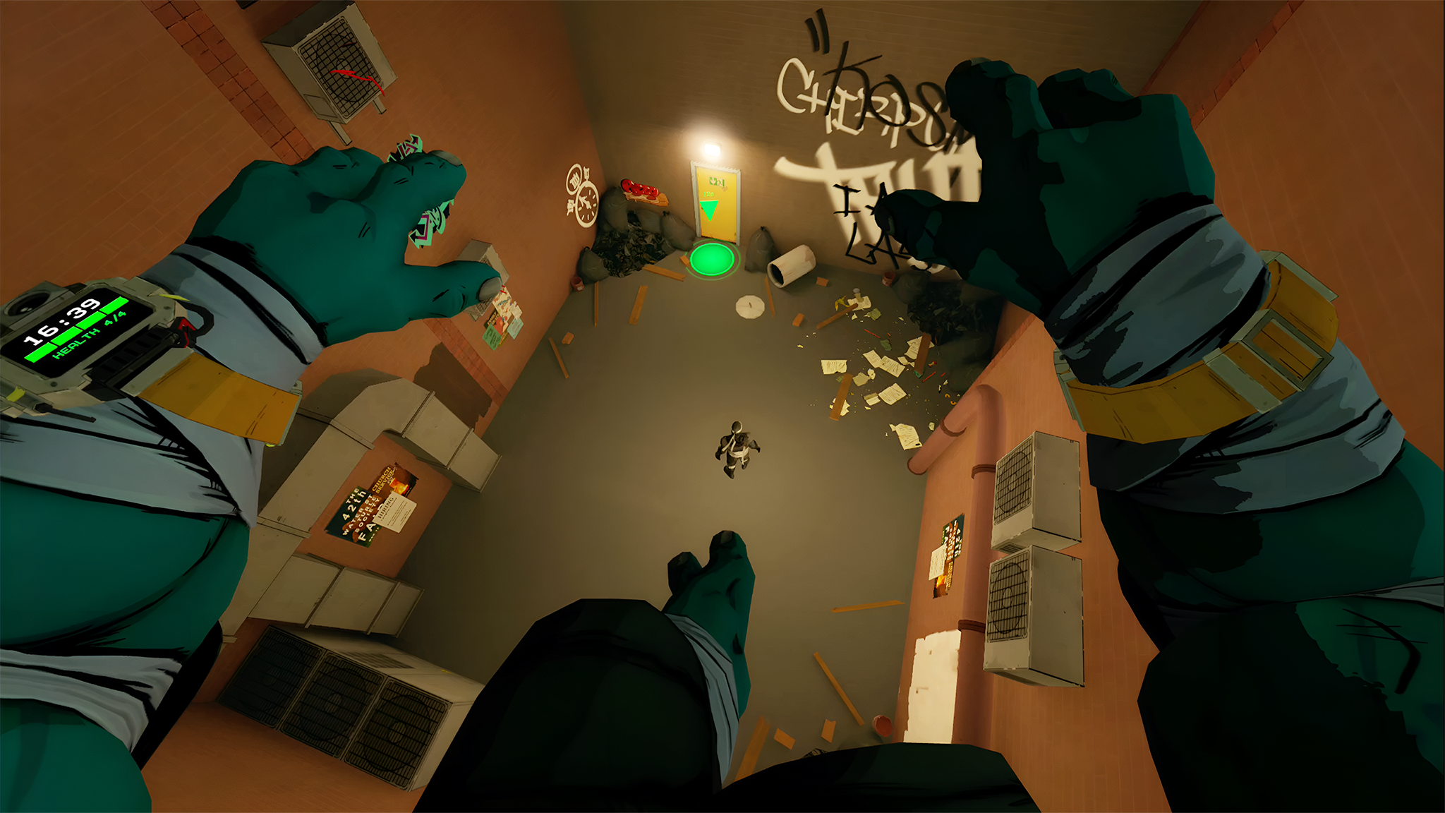 An official screenshot of TMNT: Empire City for the Meta Quest 3, showing Michaelangelo jumping off a rooftop to kick a Footclan member