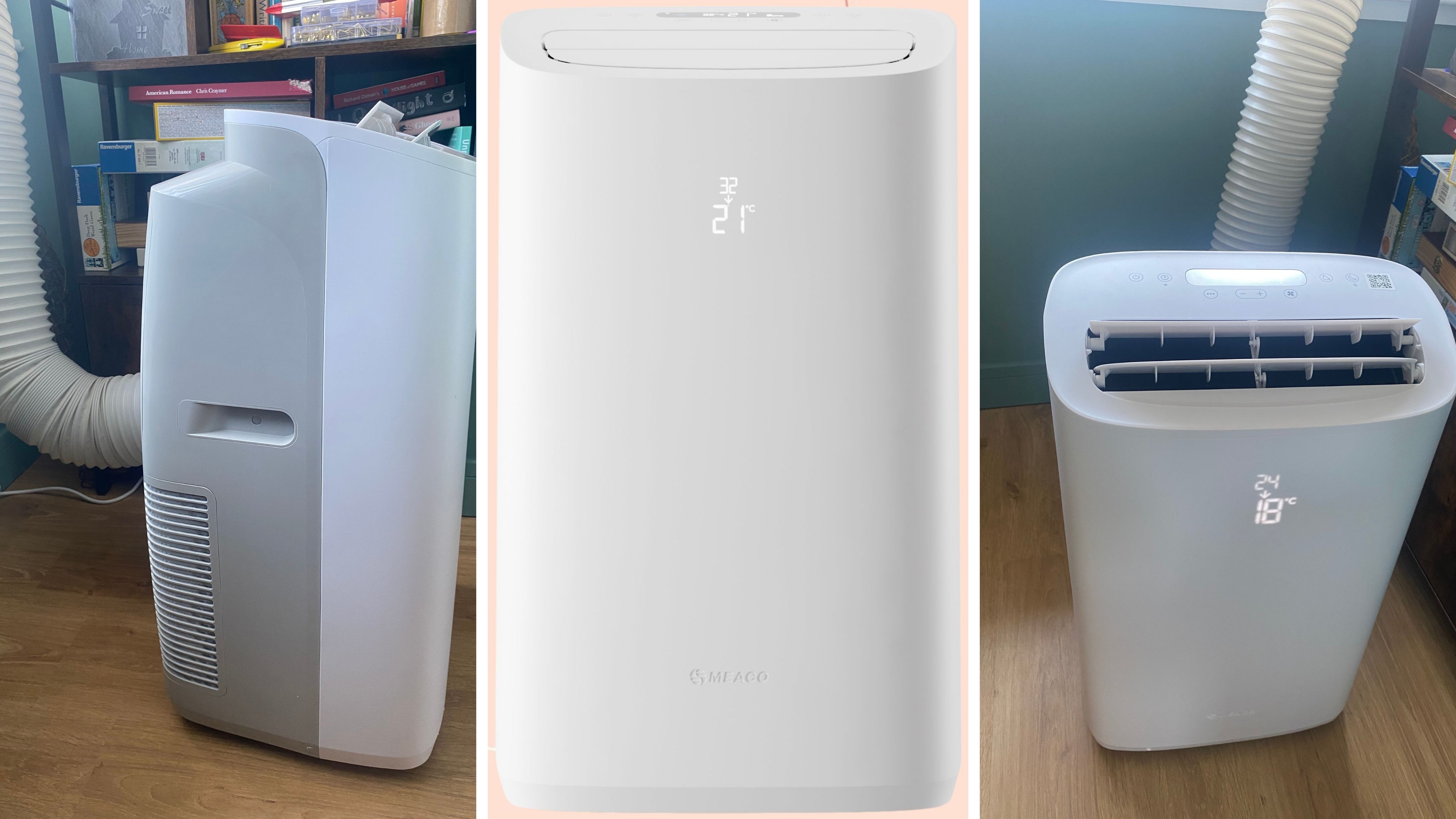 Spliced image showing the Meaco Cirro portable air conditioner testing process