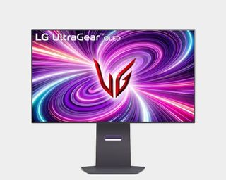 LG UltraGear 32GS95UE-B monitor with grey backdrop