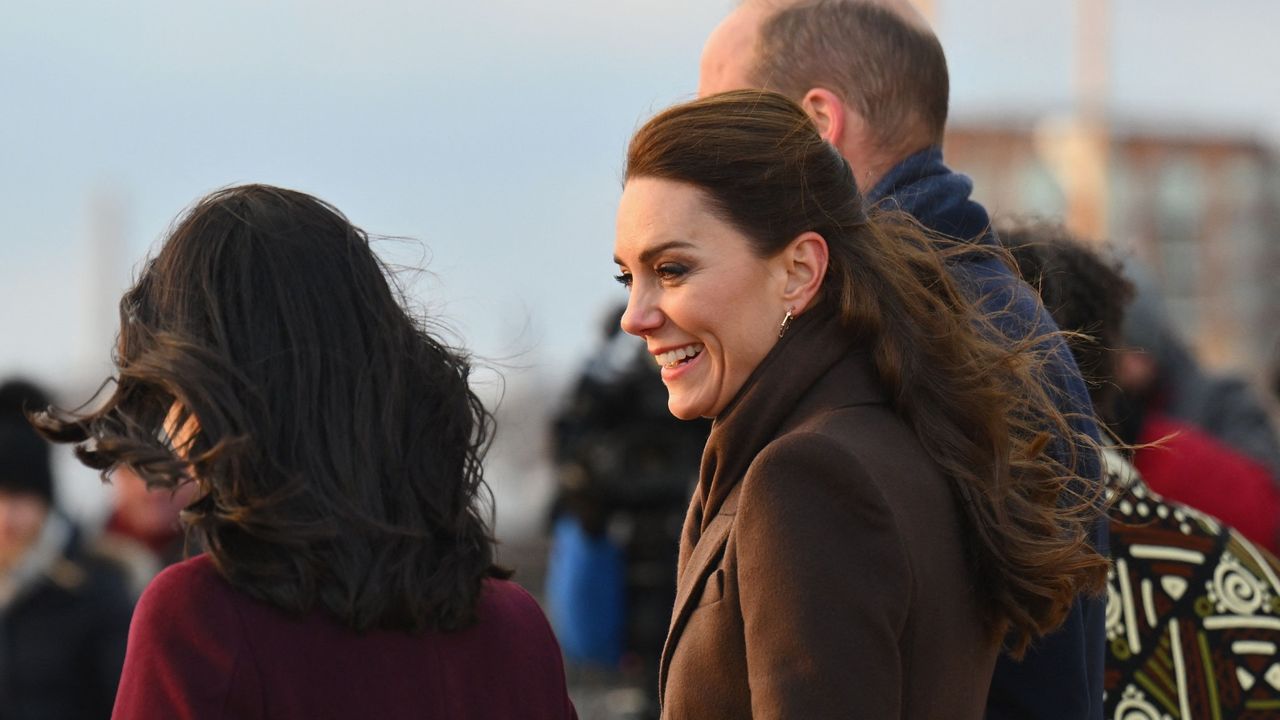 Prince William, Prince of Wales and Catherine, Princess of Wales speak with Boston Mayor Michelle Wu and Reverend Mariama White-Hammond as they visit Piers Park in Boston, Massachusetts, on December 1, 2022