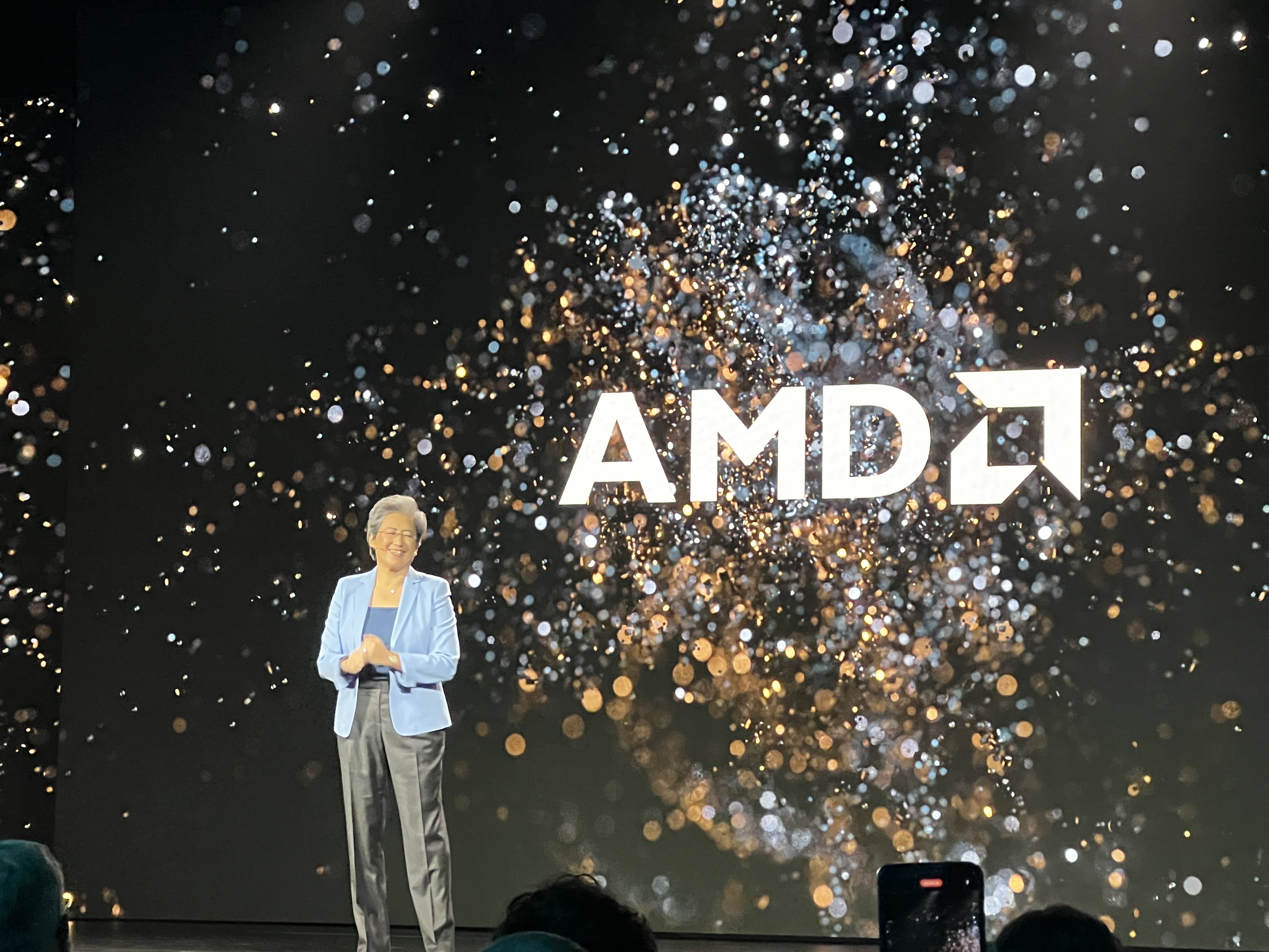 AMD CEO Lisa Su pictured on stage at AMD Advancing AI.