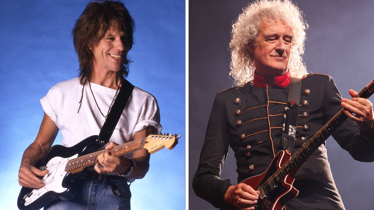 LEFT: Jeff BECK poses with Fender Stratocaster guitar, 1989. RIGHT: Brian May of Queen perform during a concert of Queen &amp; Adam Lambert at the Ziggo Dome on July 1, 2022 in Amsterdam, Netherlands. This composite image was used in an article about May&#039;s guitar tone and how Jeff Beck influenced it. 