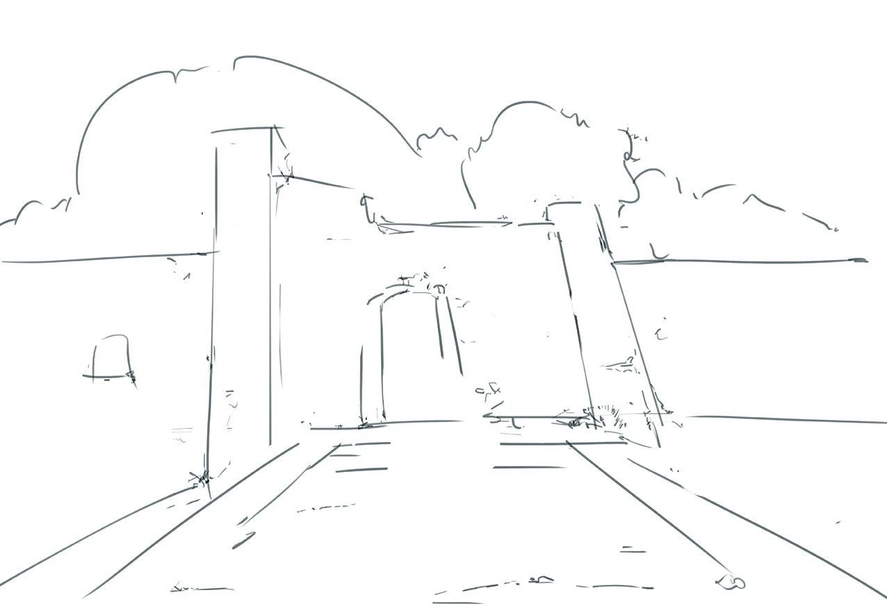 Digital art in progress from a matte painting tutorial