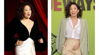 On the left, Sandra Oh is pictured wearing a black and white gown and with a neutral and burgundy manicure at the Fourth Annual Academy Museum Gala at Academy Museum of Motion Pictures on October 19, 2024 in Los Angeles, California. And on the right, Sandra Oh is seen wearing an olive blazer and white shirt, with the same sheer white and burgundy manicure at the 20th Anniversary Screening of "Sideways" on October 26, 2024 in Westwood, California.