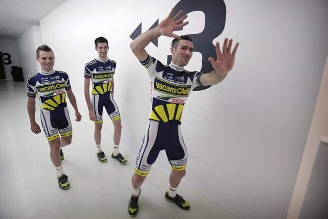 A moment of levity from Vacansoleil-DCM's Rob Ruijgh, Wout Poels and Romain Feillu while they make their way to the team presentation