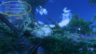An Avatar: Frontiers of Pandora screenshot, with the navigation hints from the game's Exploration Mode circled in the upper-left corner of the screen.