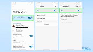 The Settings menu options for Nearby Share, Bluetooth and Location