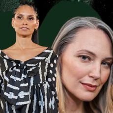 collage of menopausal women on green background