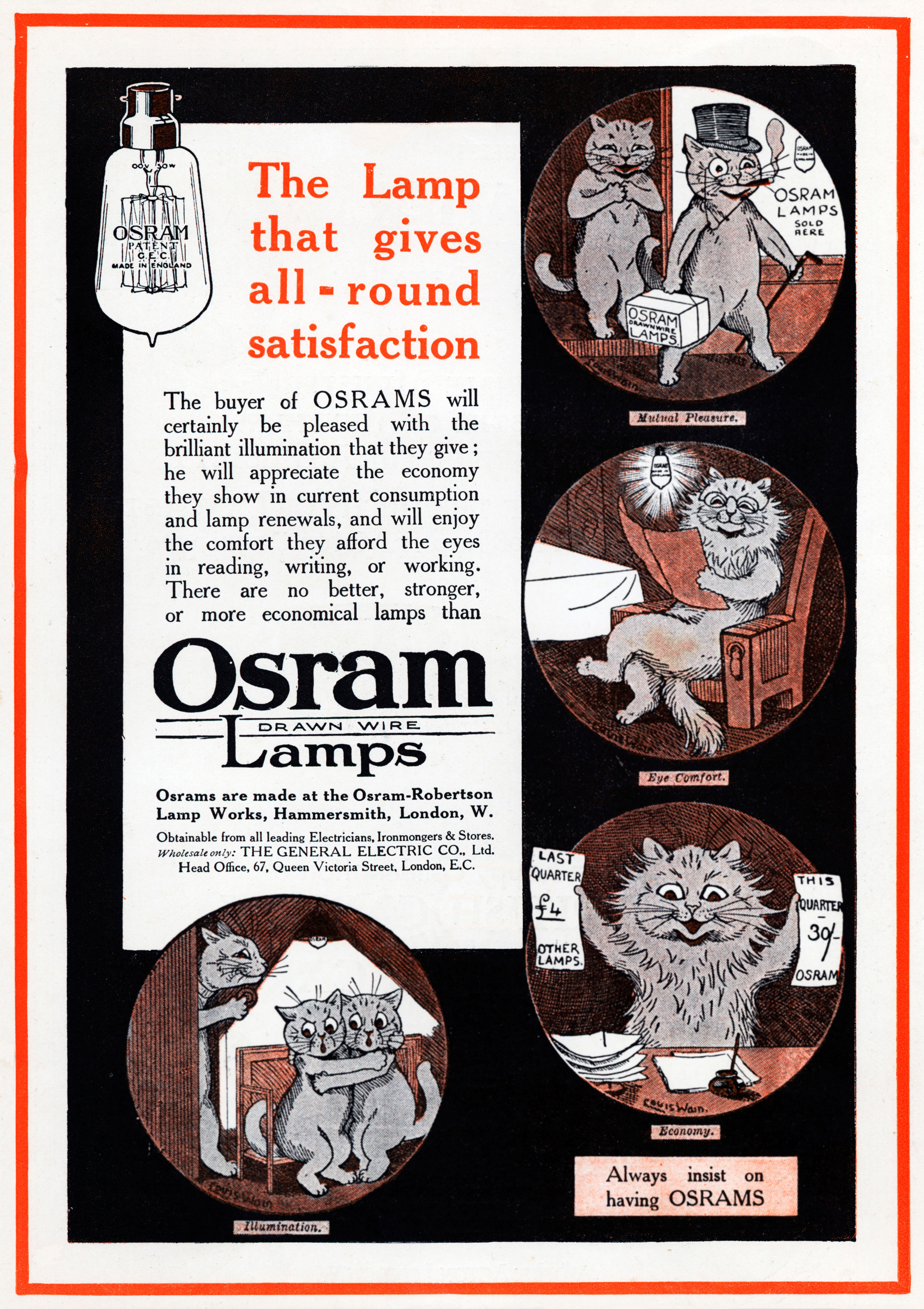 An Edwardian advert for Osram's electric lightbulbs illustrated by Louis Wain in 1909