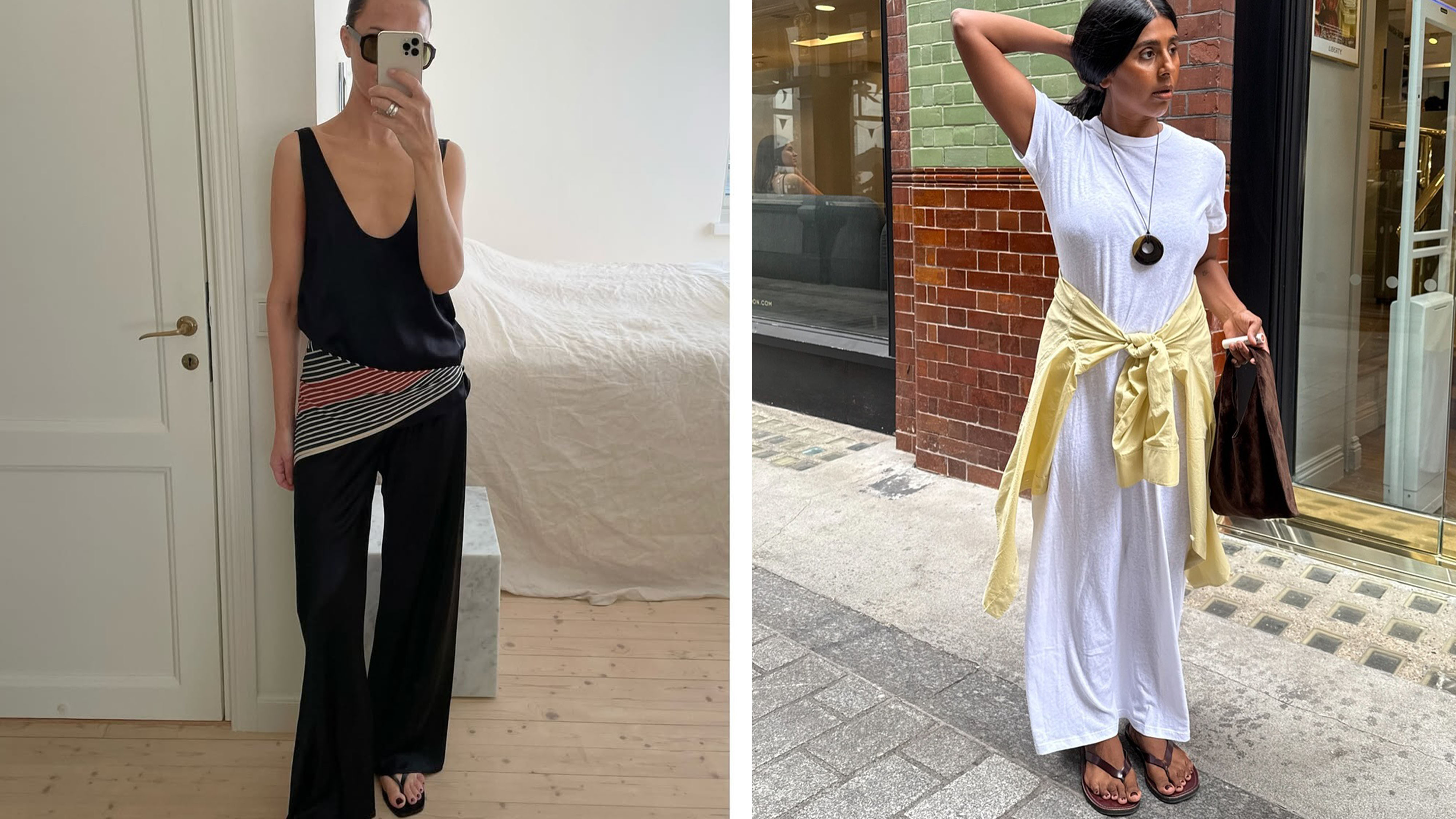 Woman in black set and scarf; Woman in white dress and yellow sweater around waist