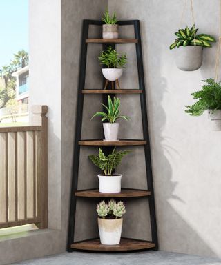 industrial style corner shelf with plants on a balcony