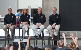 NASA's final shuttle mission crew speaks before a huge crowd at New York City's American Museum of Natural History on Aug. 16, 2011. 