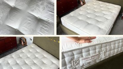composite of four pictures with different angles on mattress being reviewed
