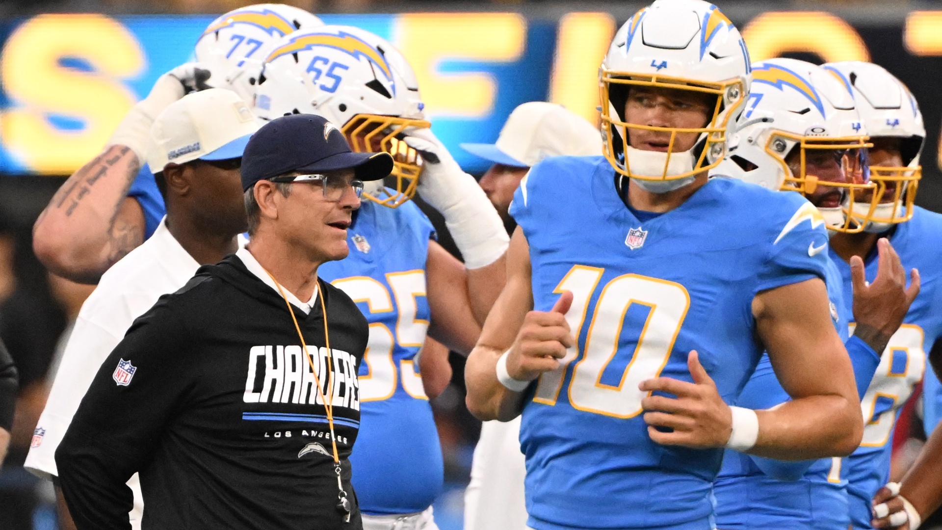 Los Angeles Chargers head coach Jim Harbaugh and quarterback Justin Herbert