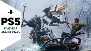 Key art for God of War Ragnarok showing Kratos and Atreus trying to repel attacking with Freya while sledding through a forest, with the PS5 five year anniversary GamesRadar+ frame along the side