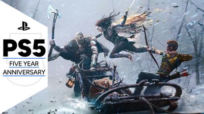 Key art for God of War Ragnarok showing Kratos and Atreus trying to repel attacking with Freya while sledding through a forest, with the PS5 five year anniversary GamesRadar+ frame along the side