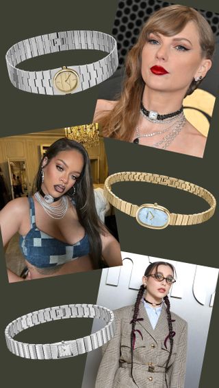 a collage showing three celebrities wearing watch necklaces alongside three product images of watch necklaces