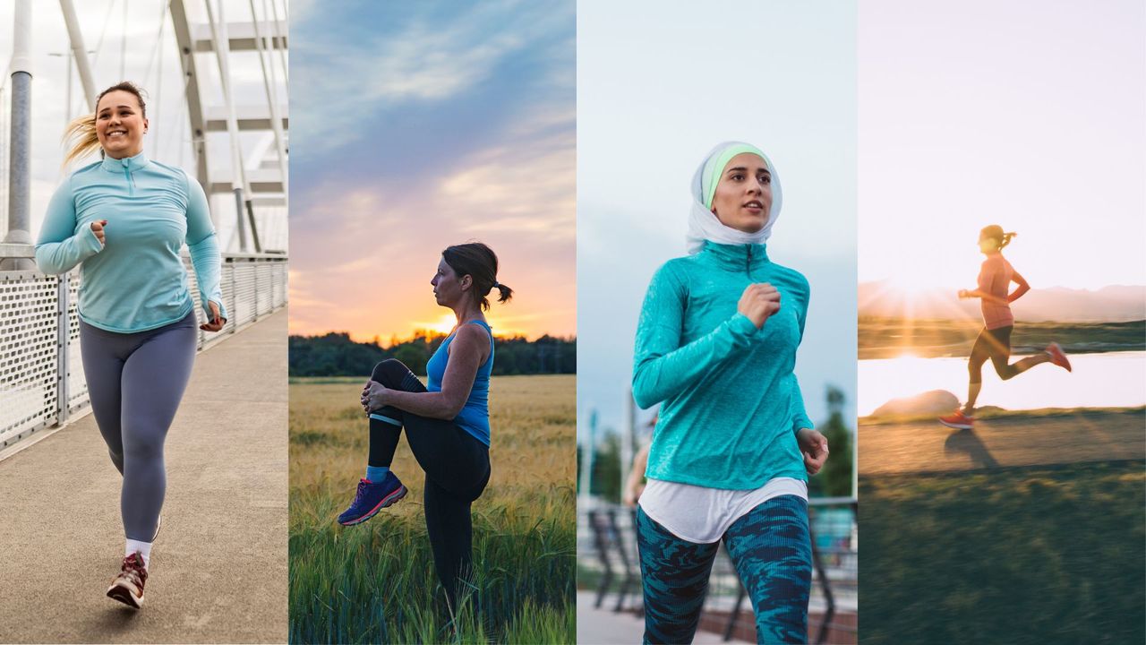 Selection of women running outdoors training for a marathon