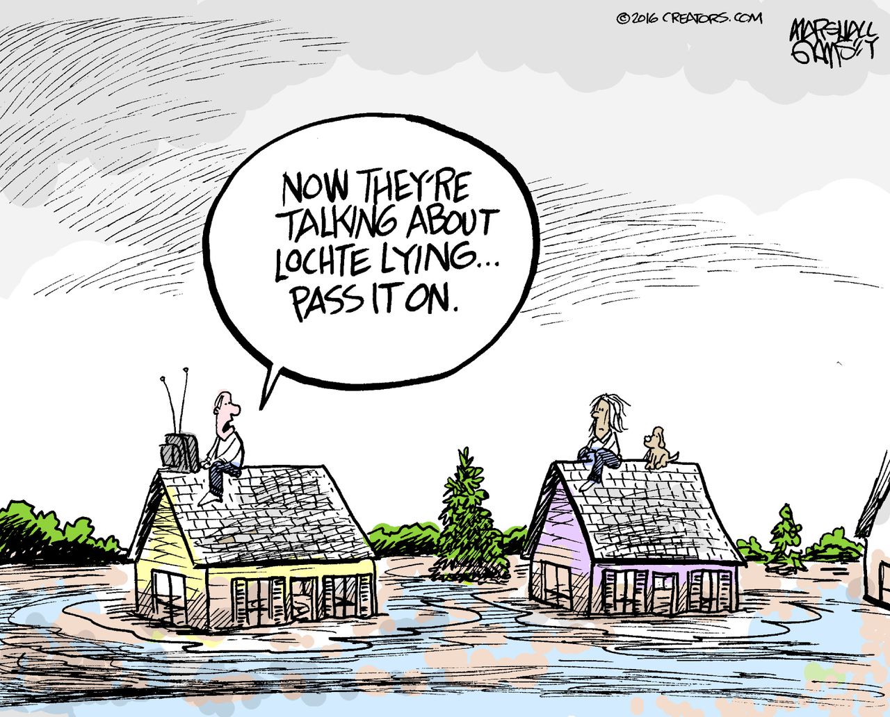 Editorial cartoon U.S. Louisiana flooding ignored Ryan Lochte lying Rio Olympics