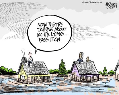 Editorial cartoon U.S. Louisiana flooding ignored Ryan Lochte lying Rio Olympics