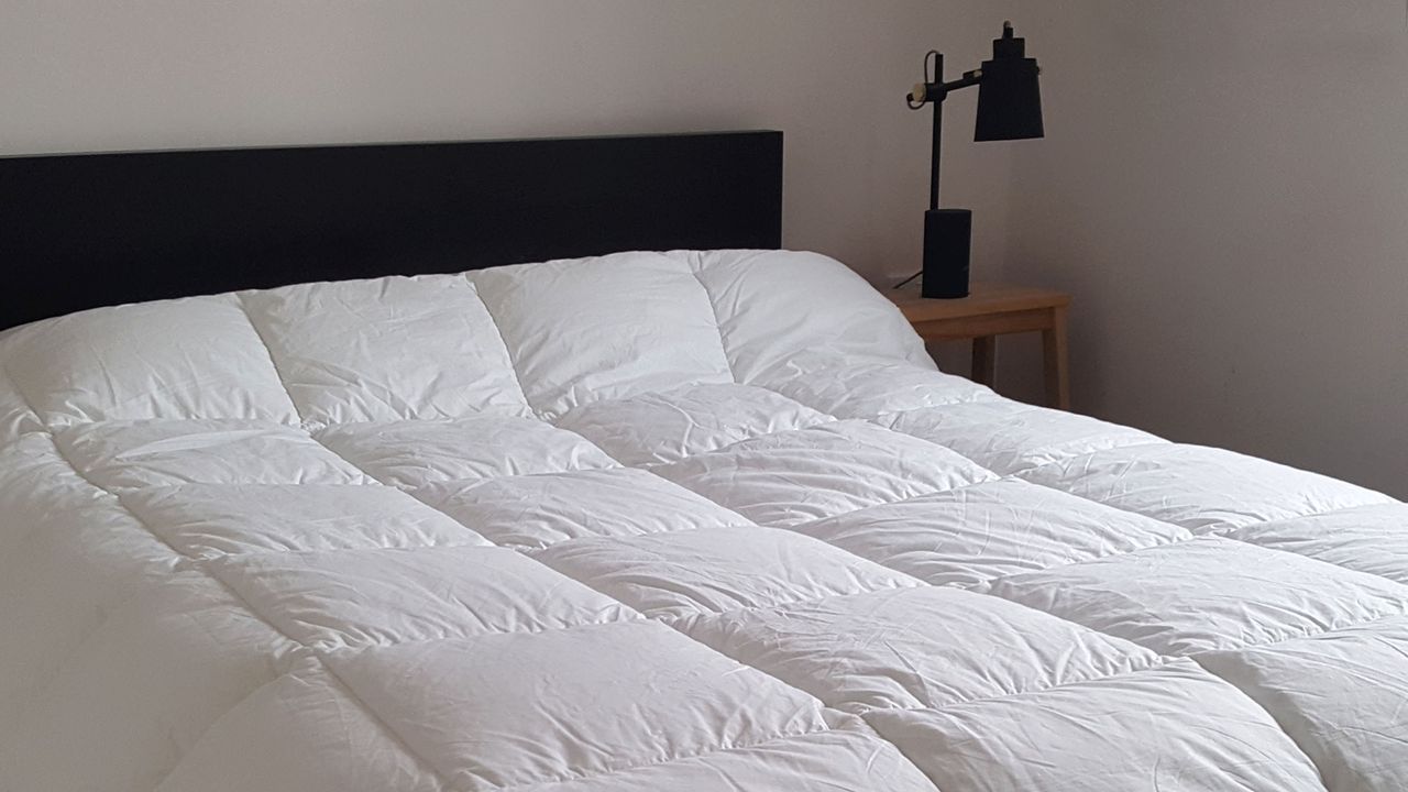 A duvet on a bed with a black headboard in a bedroom with a black bedside lamp