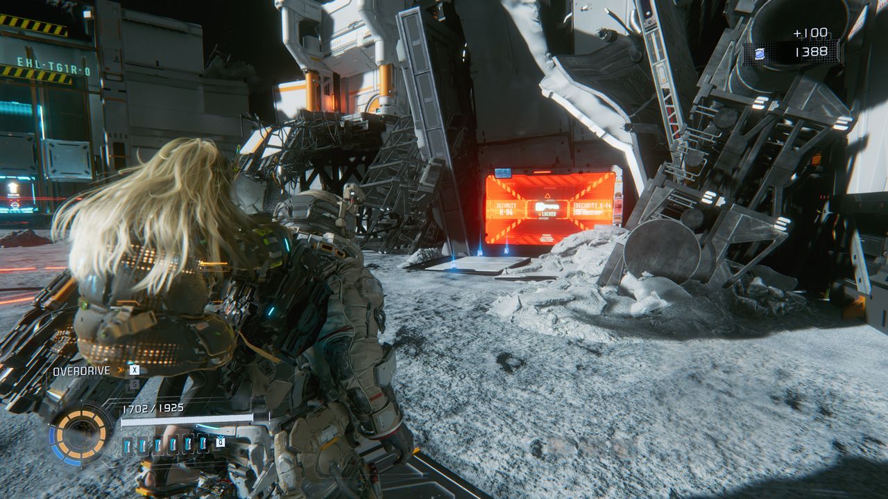 Pragmata Red Zone Gate Keys: A player looking at a Red Zone barrier in the Main Excavation Site.