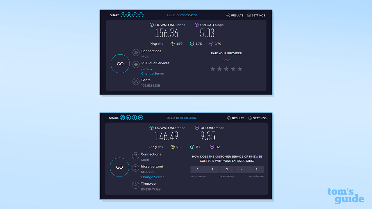Screenshot of speed tests showing Russian and Kazakh servers