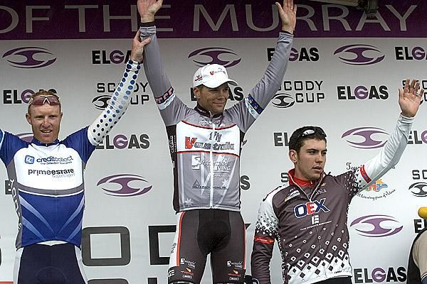 The stage three podium (l-r): Joel Pearson (2nd,Credit Collect-Prime Estate), Jonathan Cantwell (1st,Fly V Australia), and Patrick Bevin (3rd,OEX-Team Enterprise).