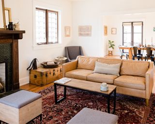 Small living room with brown leather sofa