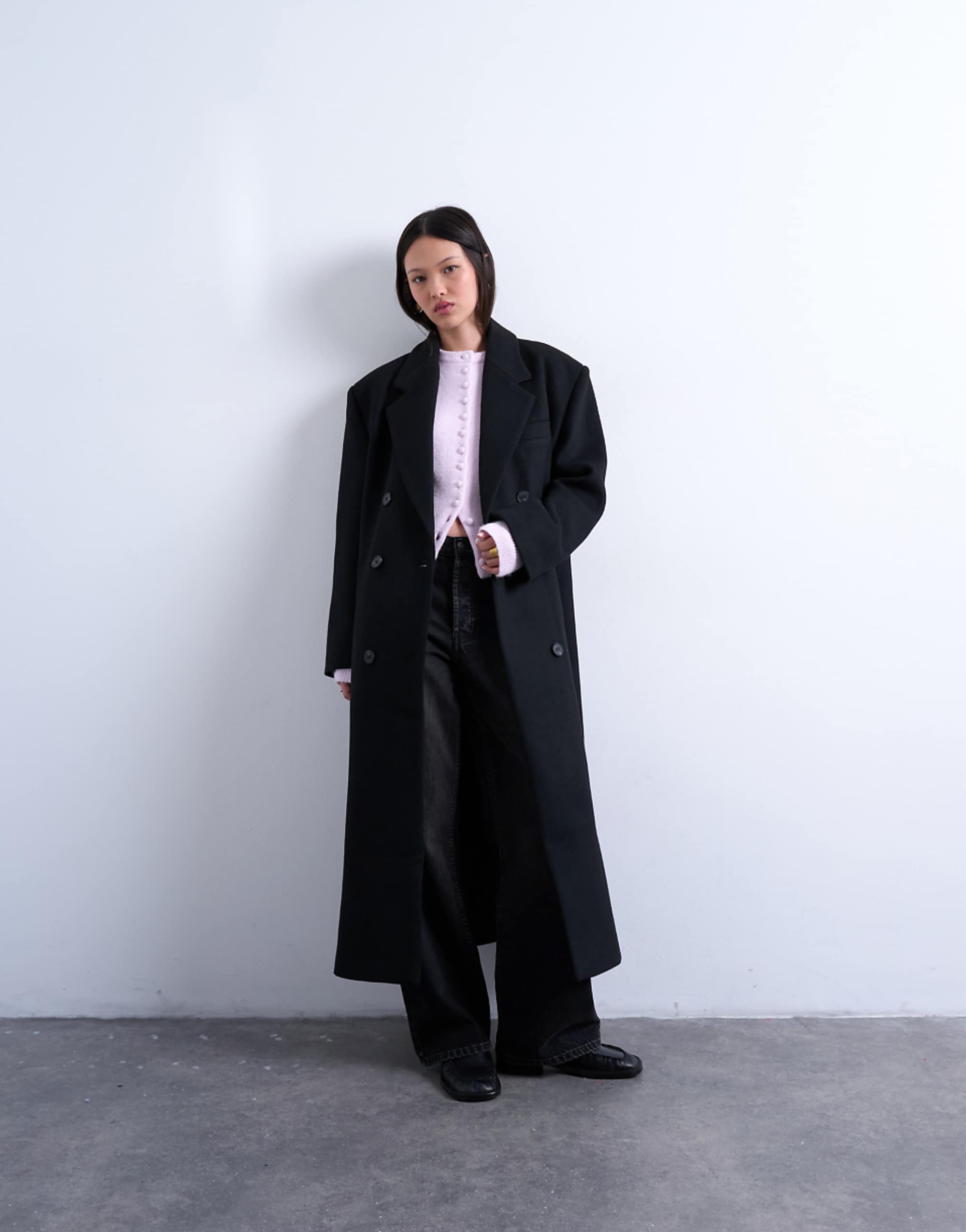 Topshop Double Breasted Mensy Overcoat With Wool in Black