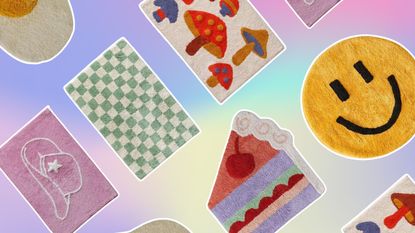 Colorful bath mats on pastel background
