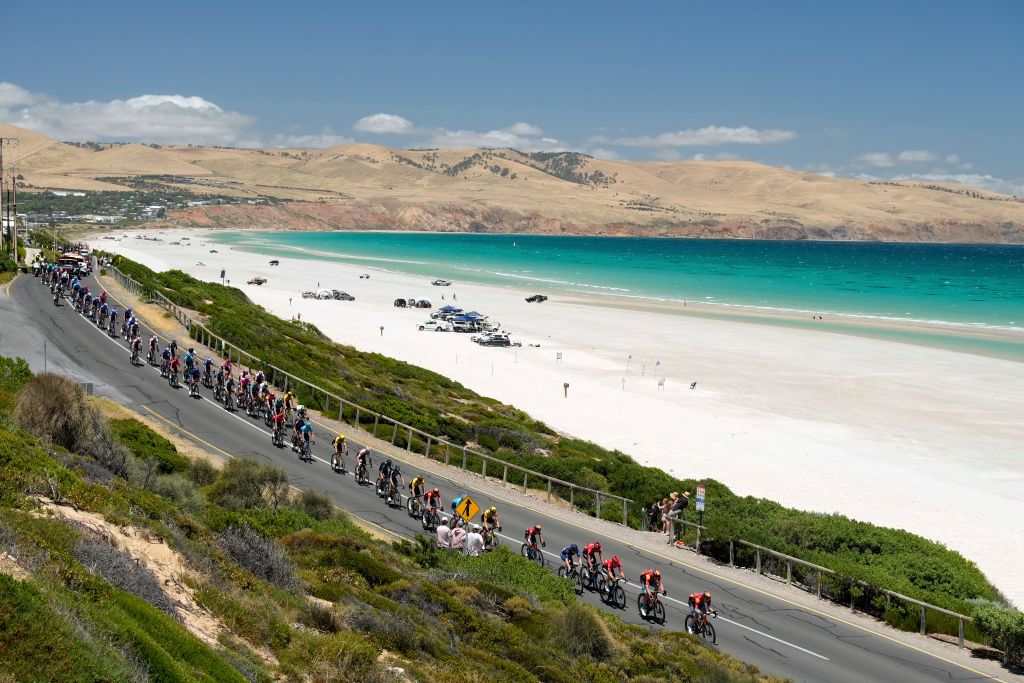 The peloton passes by Aldinga beach during the 2023 Tour Down Under men&#039;s race