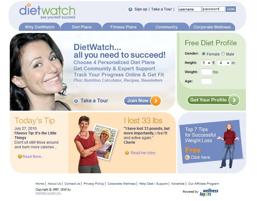 This image is of the homepage of DietWatch. Here you will find daily tips and success stories.