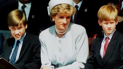 Prince William, Princess Diana, and Prince Harry at VE Remembrance Service in London on May 7, 1995.