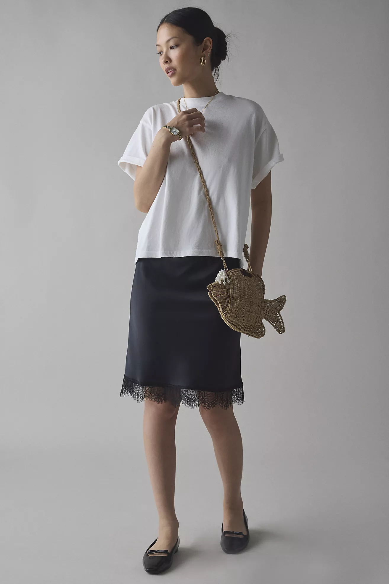 Kimchi Blue Addy Lace Trim Satin Slip Midi Skirt