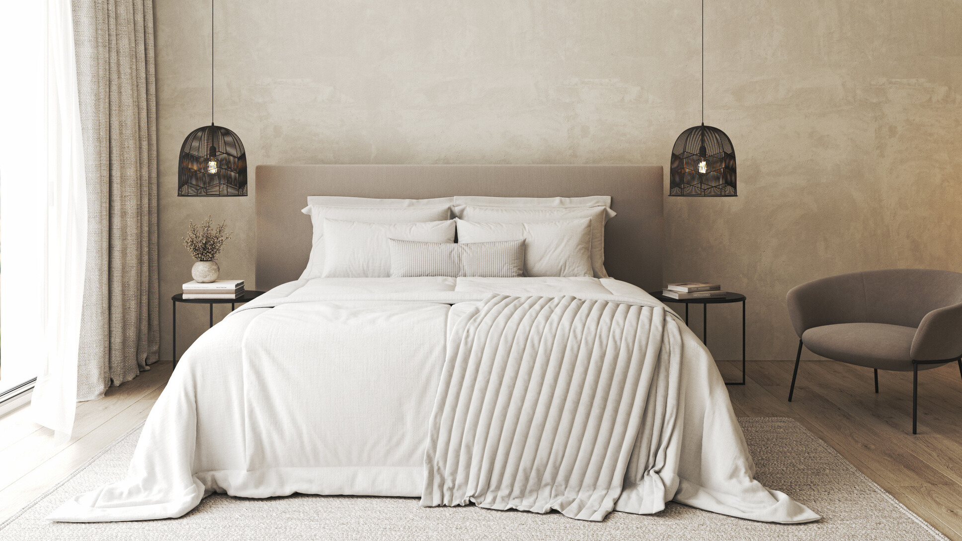 A luxuriously layered bed with white pillows, bedding in a brightly lit room