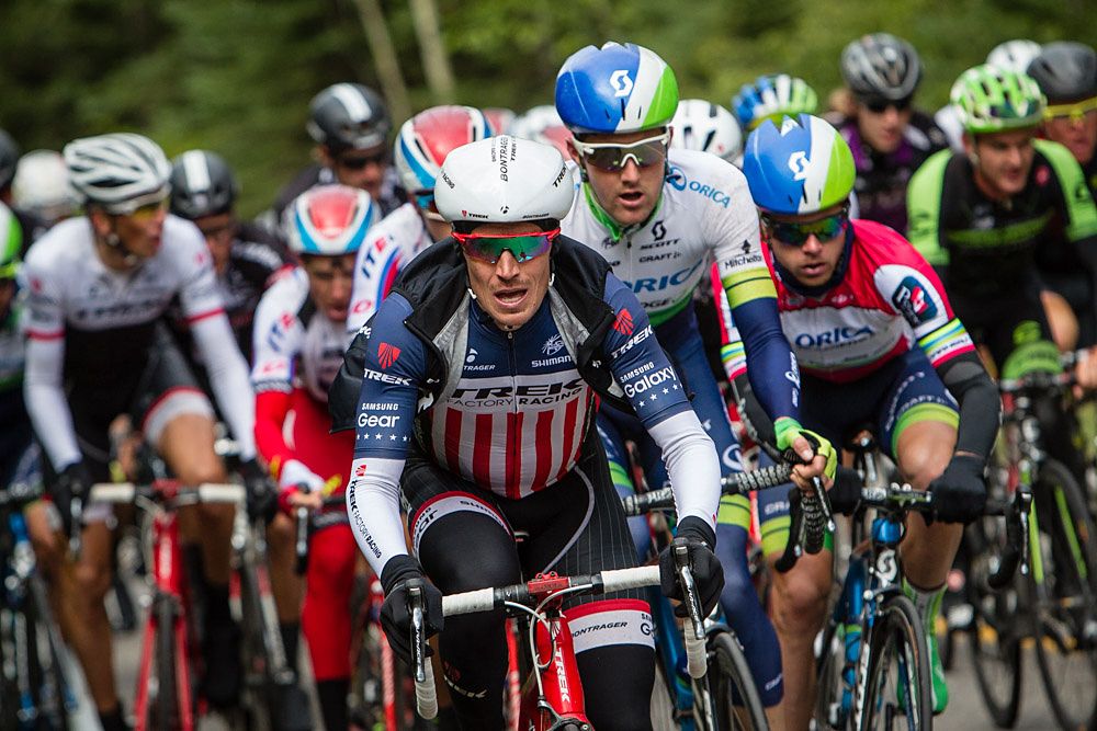 US road champion Matthew Busche (Trek Factory Racing) leads the peloton at the Tour of Alberta