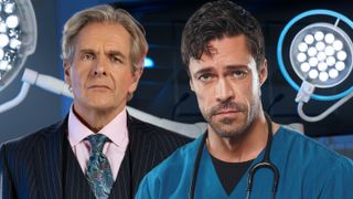 An image of Robert Bathurst as new Casualty surgeon Russell dressed in a suit beside Olly Rix in scrubs as new clinical lead Flynn.